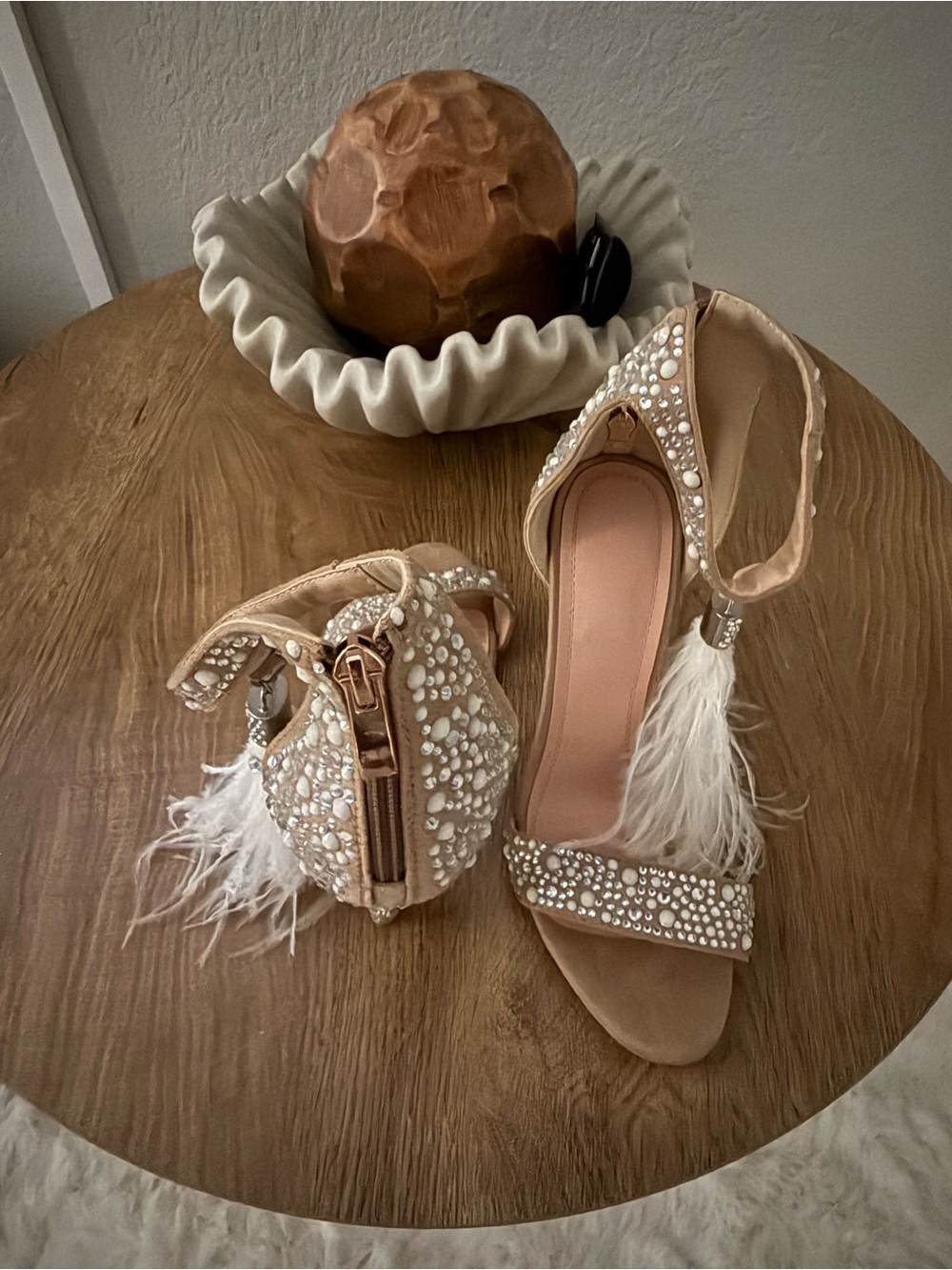 Embellished Feather Accent Sandals in Nude